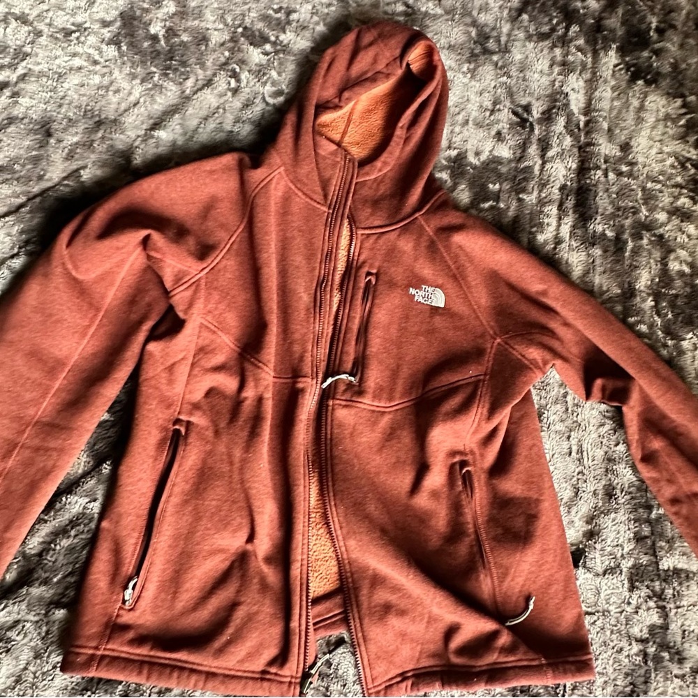 XL Mens North Face Rust-colored, zip-up, hooded jacket